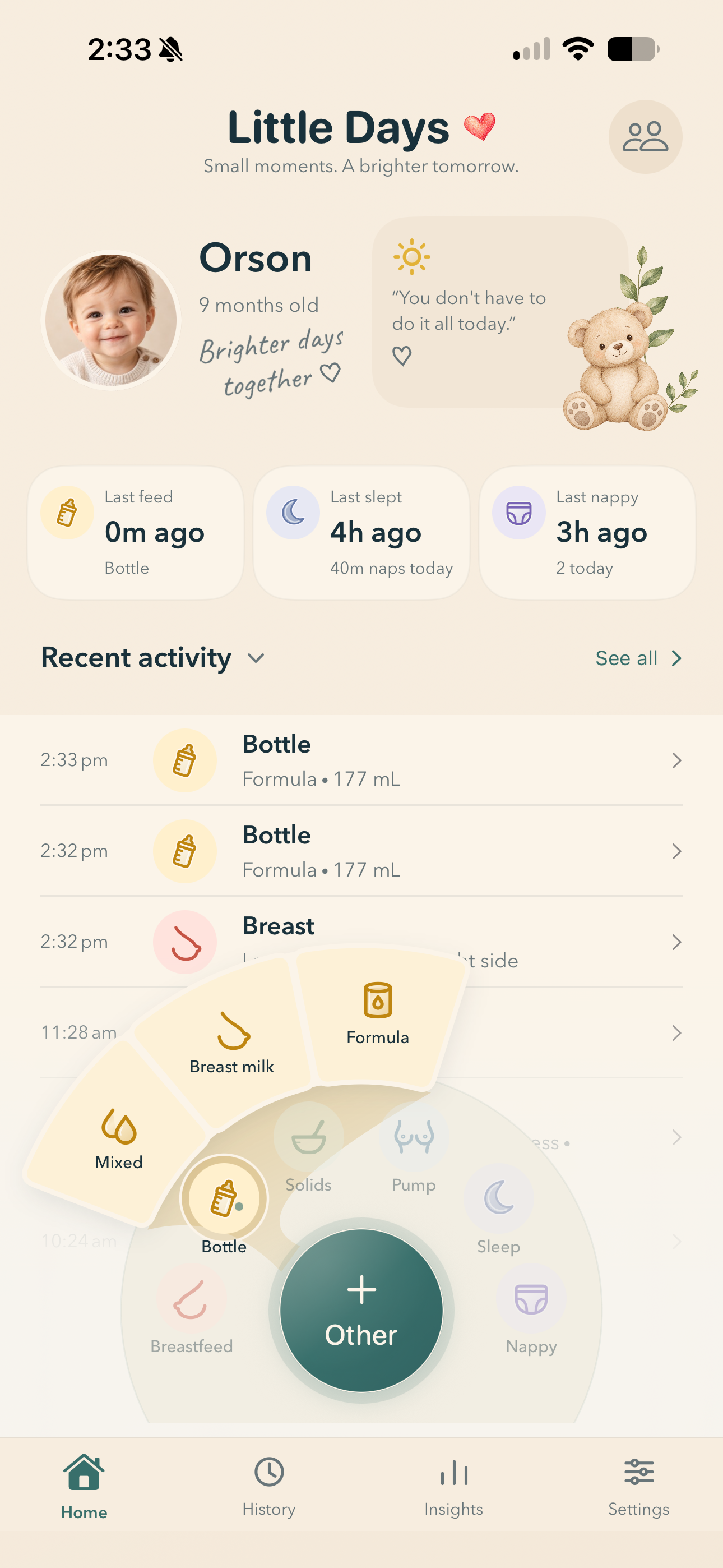 The activity wheel open with bottle choices