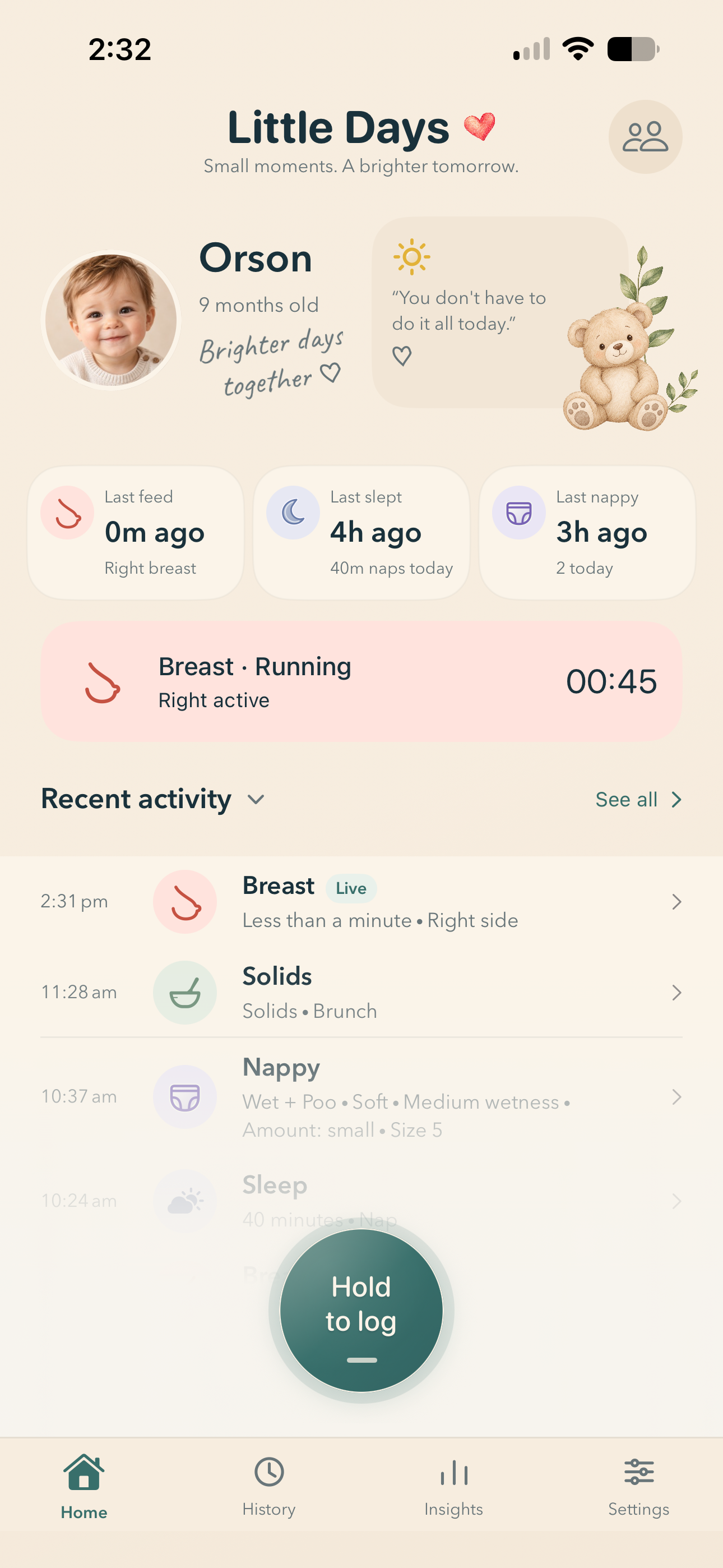 Home showing recent activity and a running timer