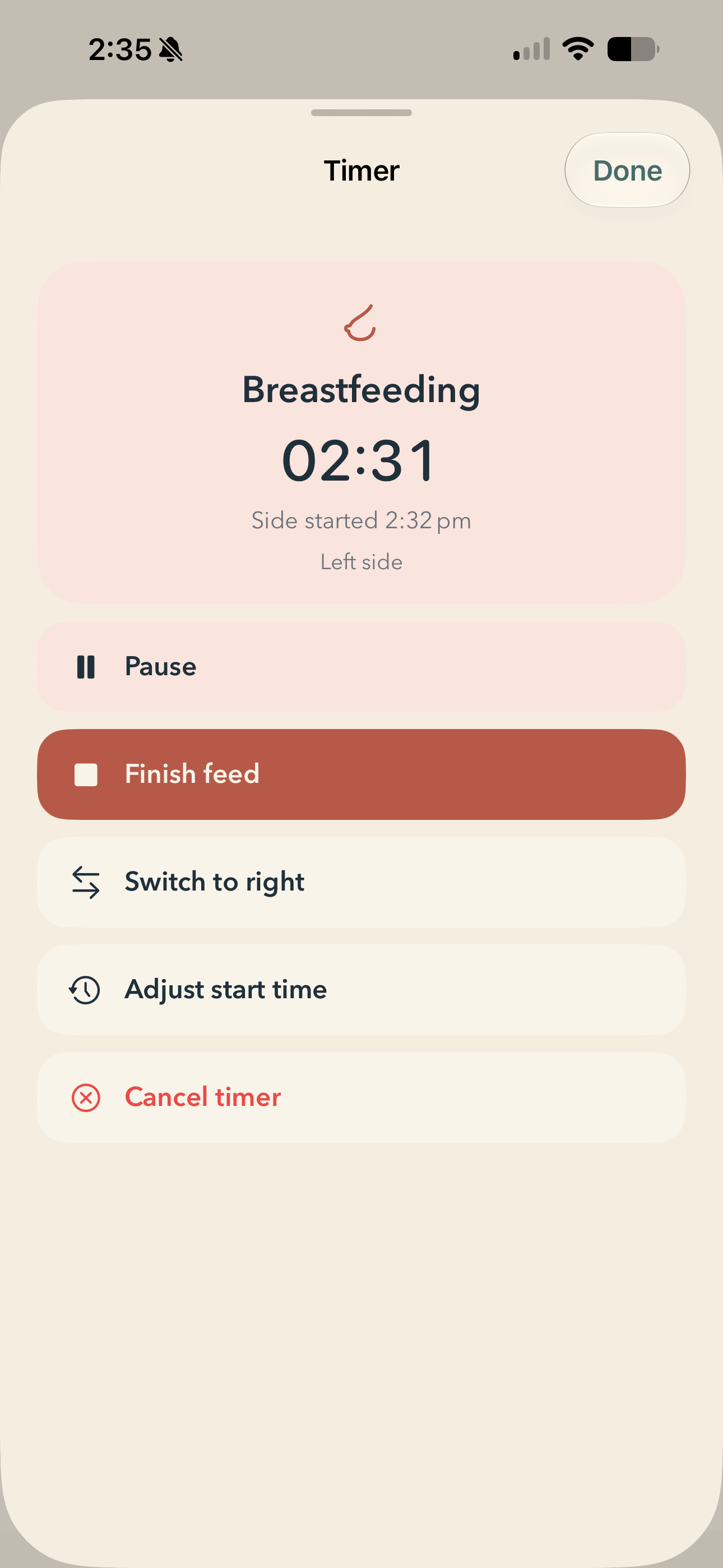Breastfeeding timer controls