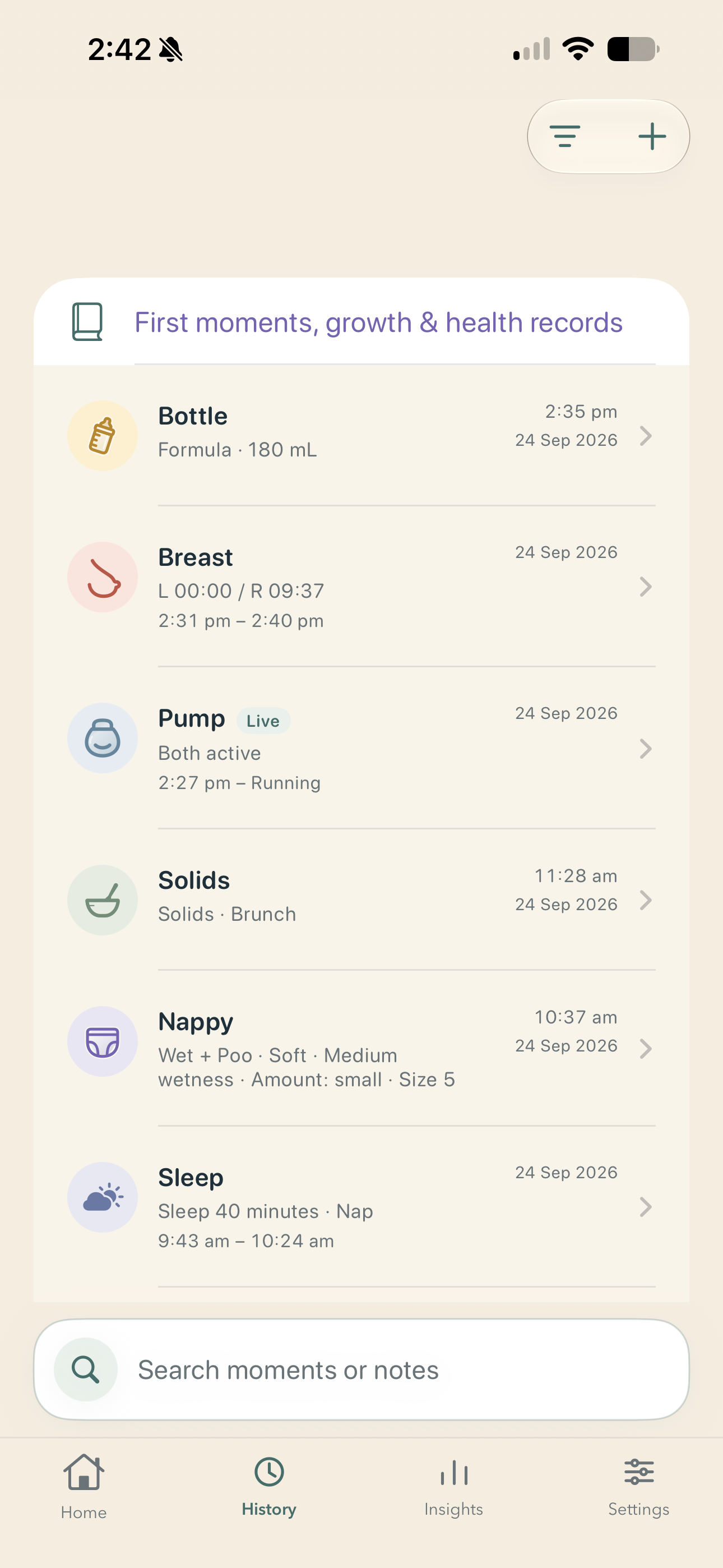 Searchable activity history